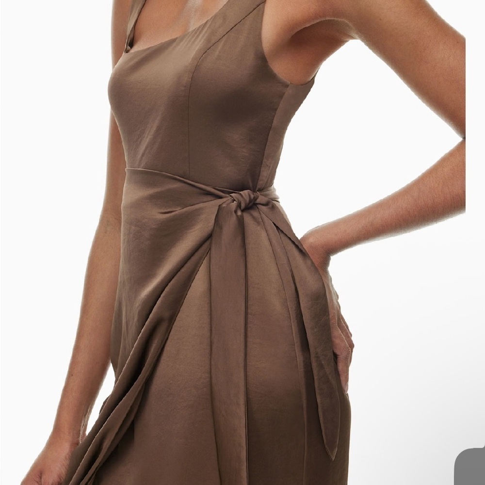 Wilfred Aritzia Size 2 Saturn Satin Midi Dress Cocoa Brown $128 Sleeveless Tie - Picture 6 of 14